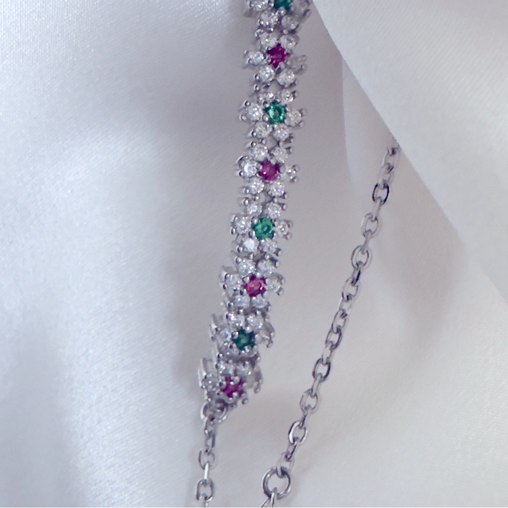 Sterling Silver  Emerald&Ruby Cubic Zirconia Flower Bracelet